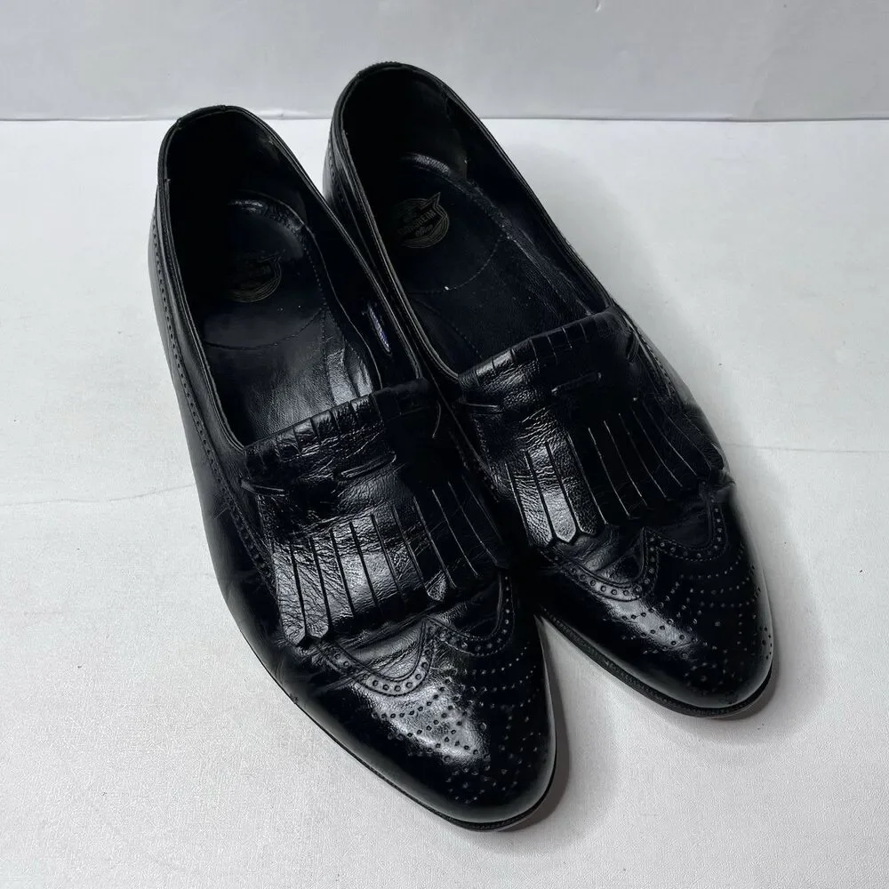 Vintage Florsheim Black Leather Kiltie Fringe Wingtip  Loafers Mens Size 10.5 D